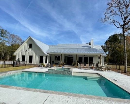 Pool and exterior of Awendaw, SC custom house built by B. Chaney Improvements of Charleston, SC.